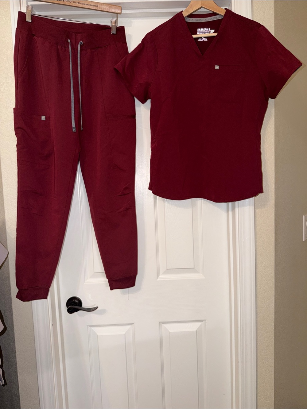 Fabletics Burgundy V-Neck Scrub Top and Jogger Pants